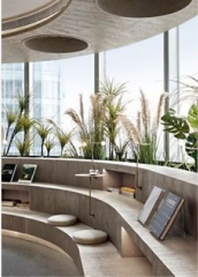 Curved collaboration area in a bright modern office