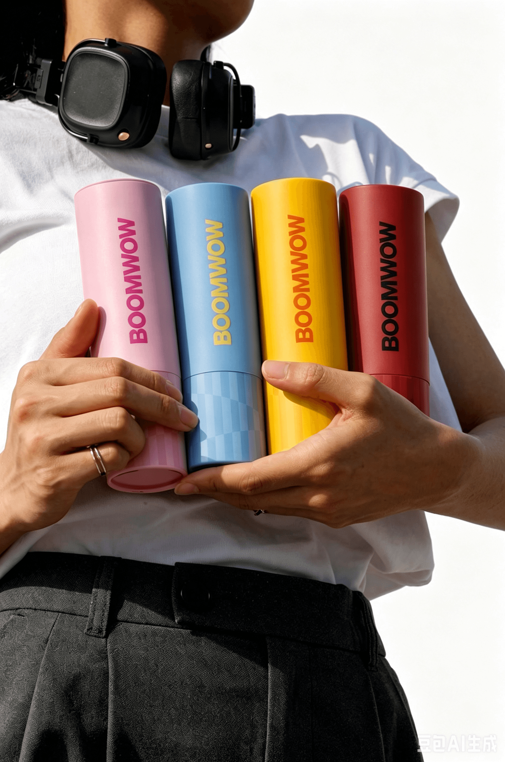 A person holding four colorful BOOMWOW confetti poppers