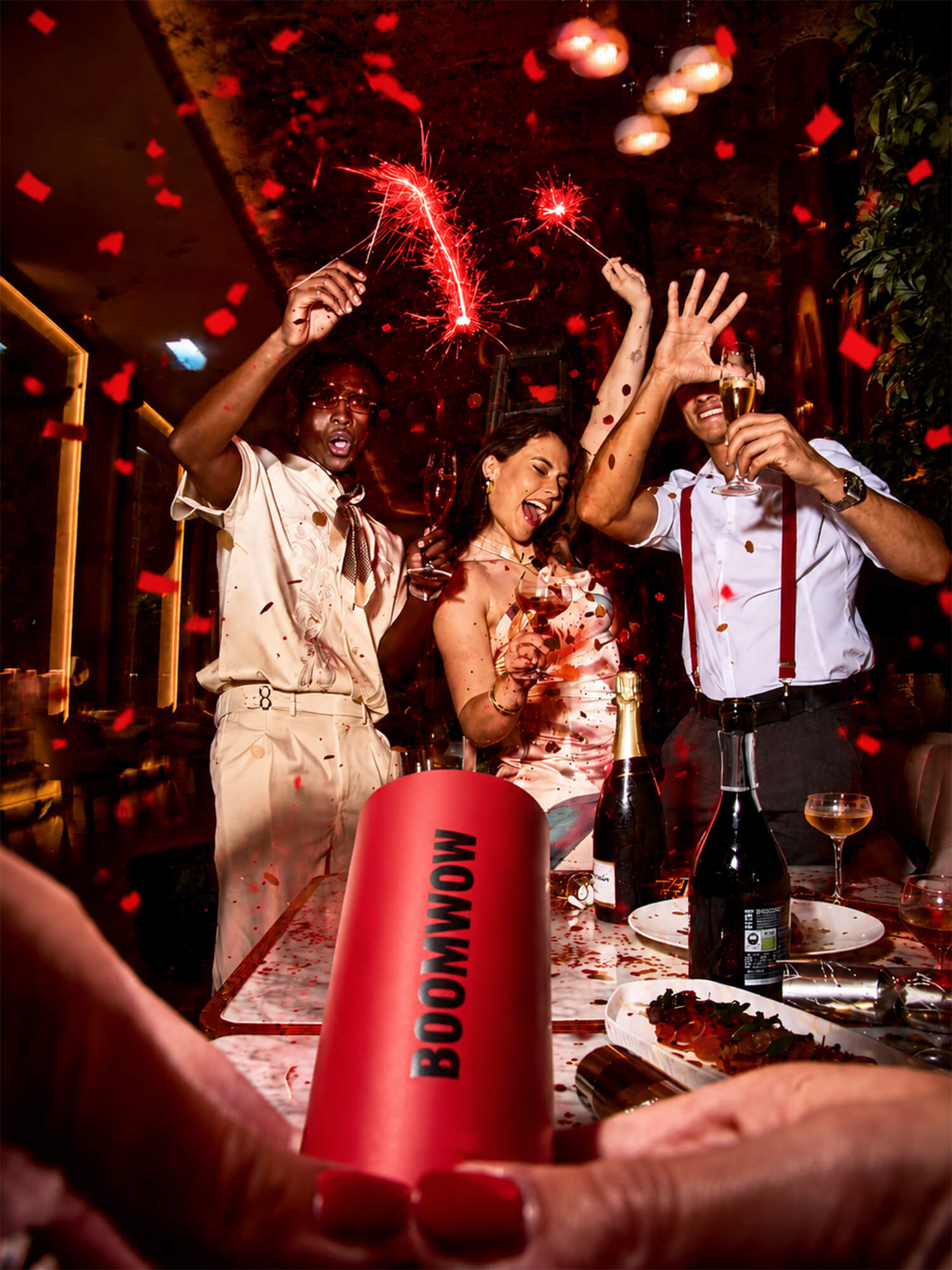 A joyful party moment filled with colorful BOOMWOW confetti