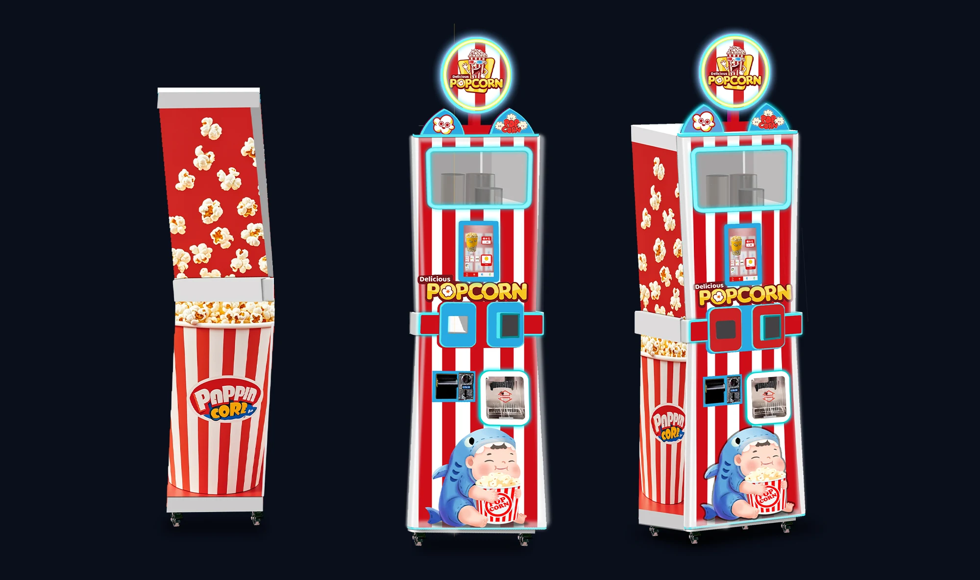 Three views of a smart popcorn vending machine